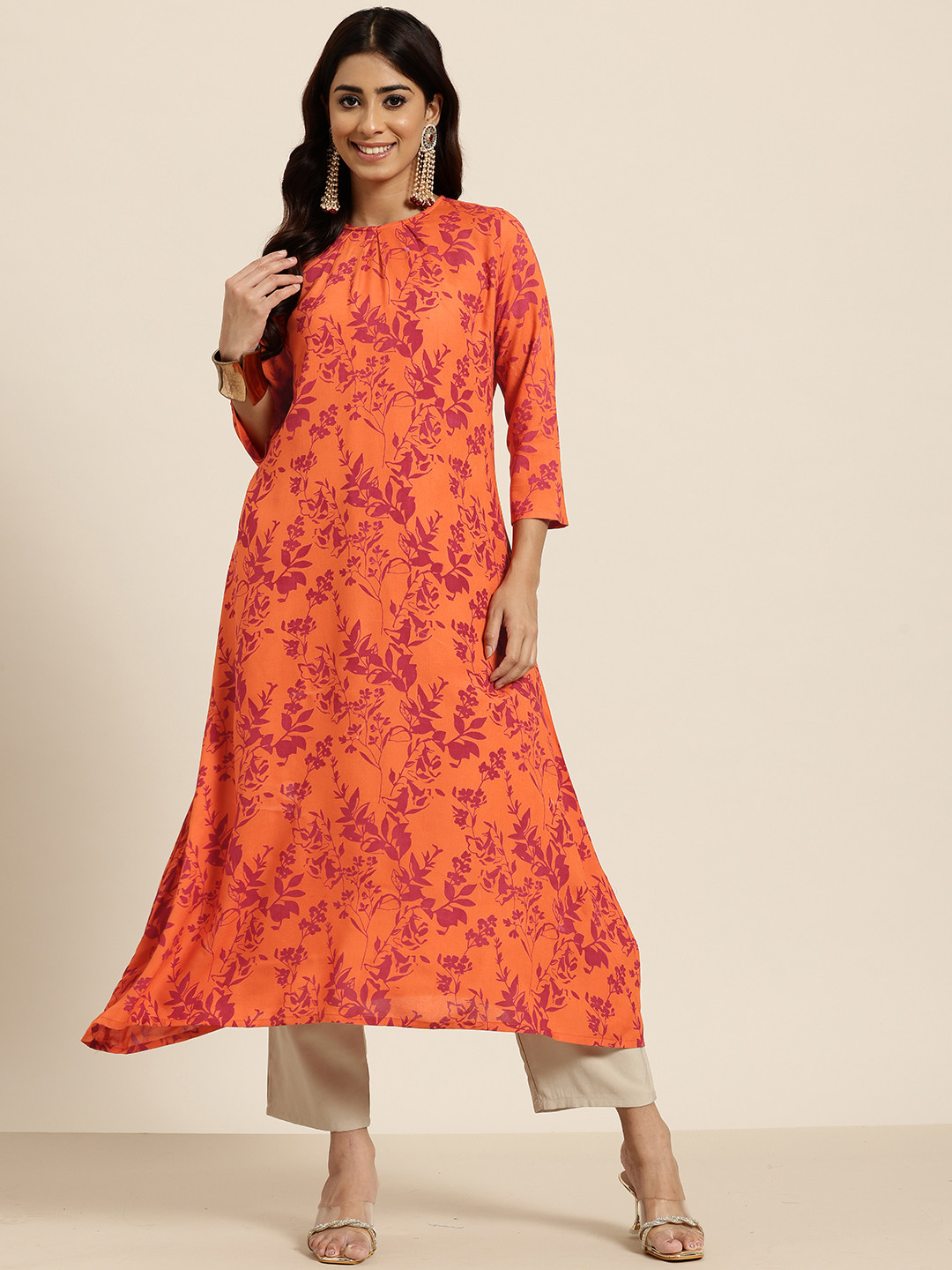 

HERE&NOW Floral Print Keyhole Neck A-Line Kurta, Orange
