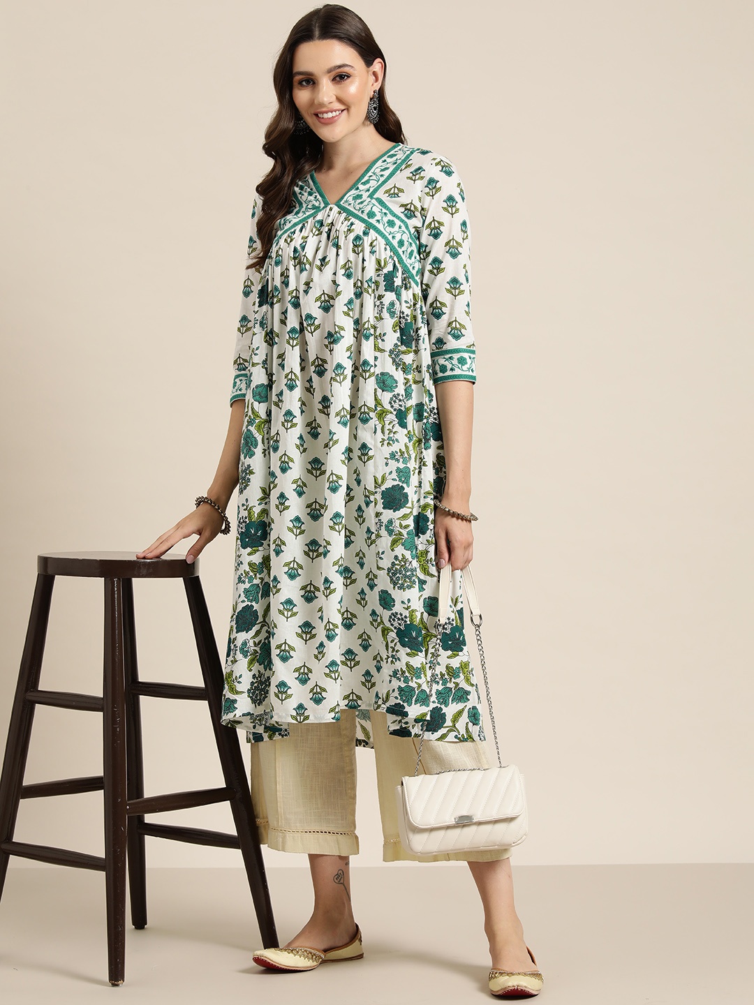 

HERE&NOW Floral Printed Pure Cotton Empire Kurta, Teal