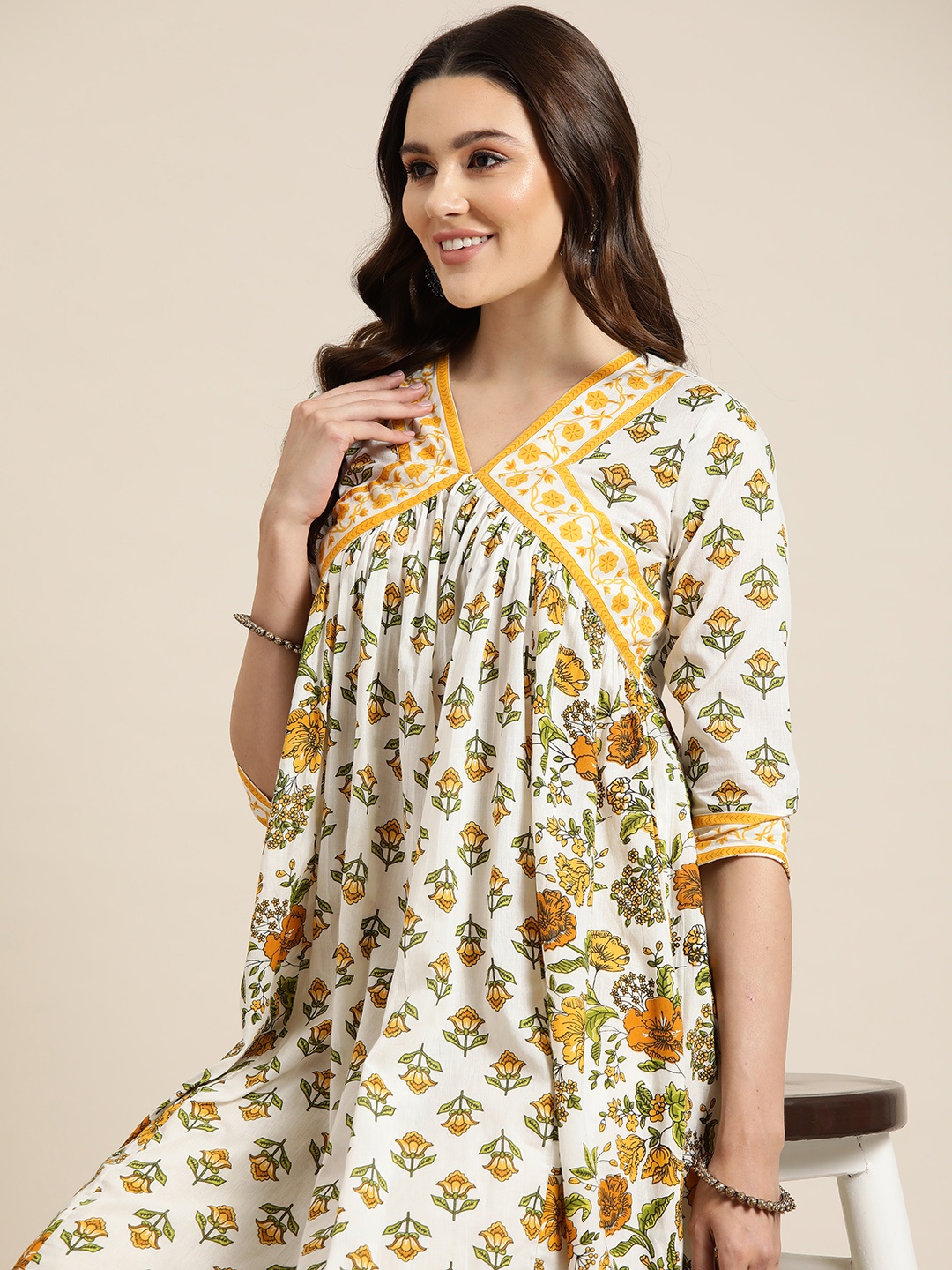 

HERE&NOW Floral Printed Pure Cotton Empire Kurta, Mustard