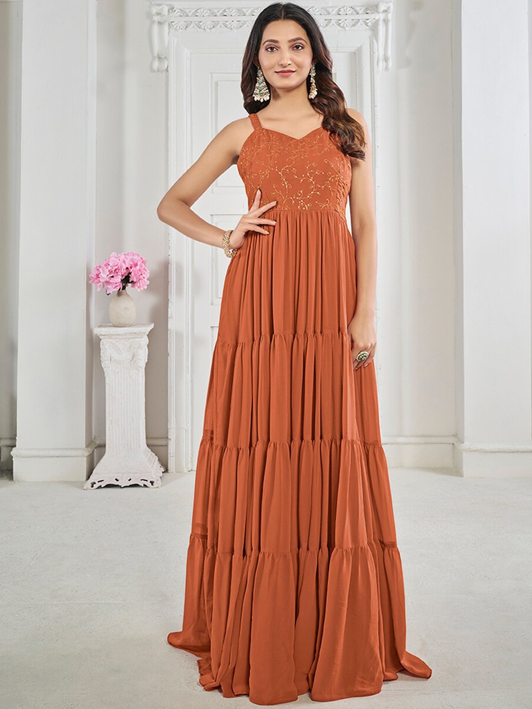 

Inddus Floral Embroidered Georgette Maxi Dress, Rust