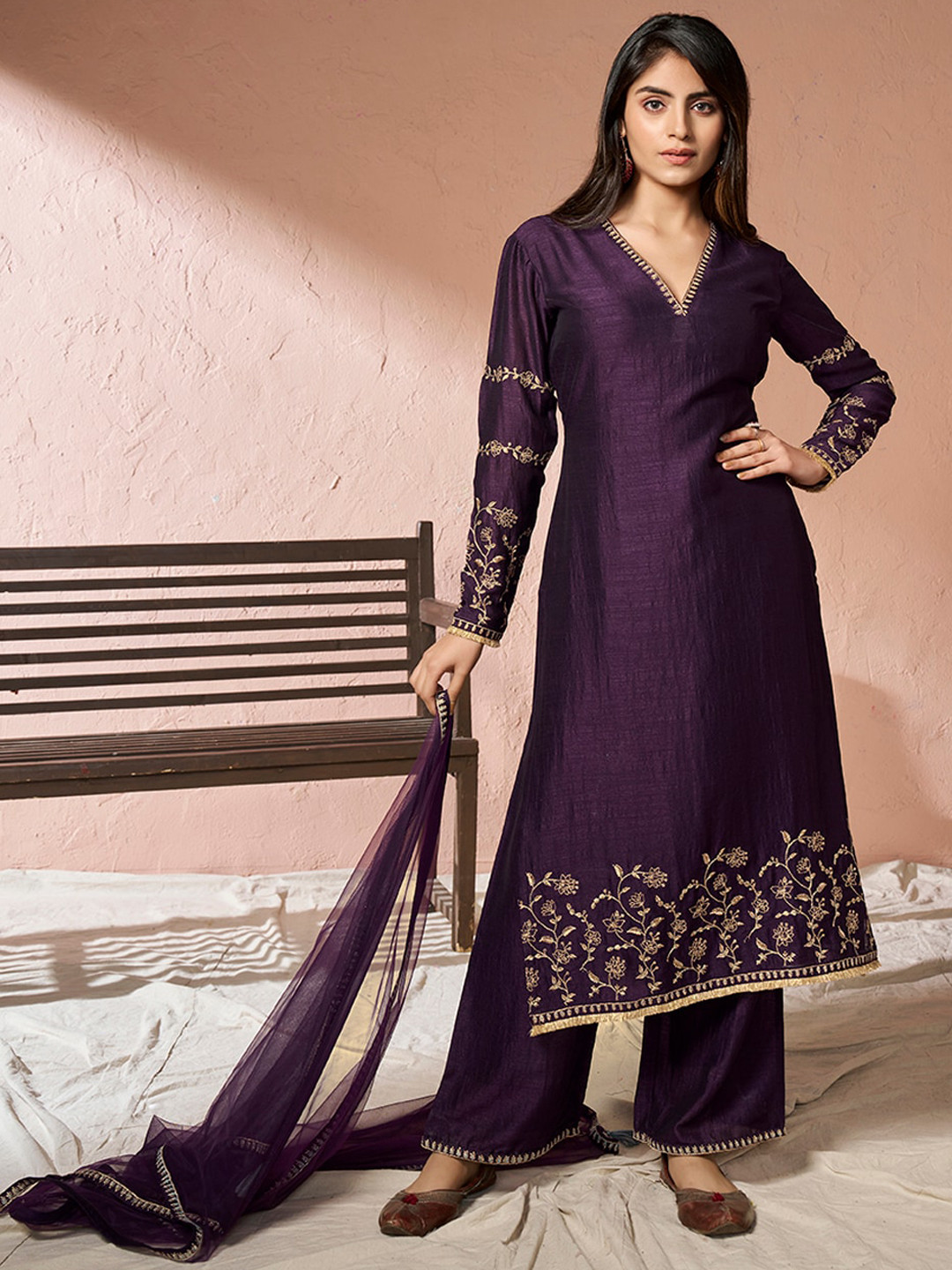 

Inddus Floral Embroidered Regular Kurta with Palazzos & Dupatta, Burgundy