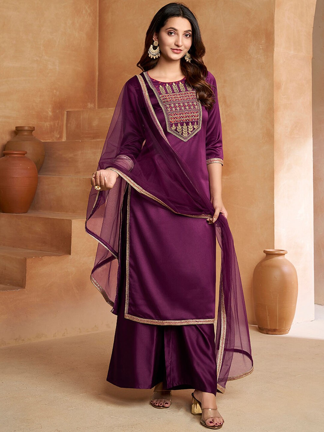 

Inddus Ethnic Motifs Embroidered Regular Kurta with Palazzos & Dupatta, Purple