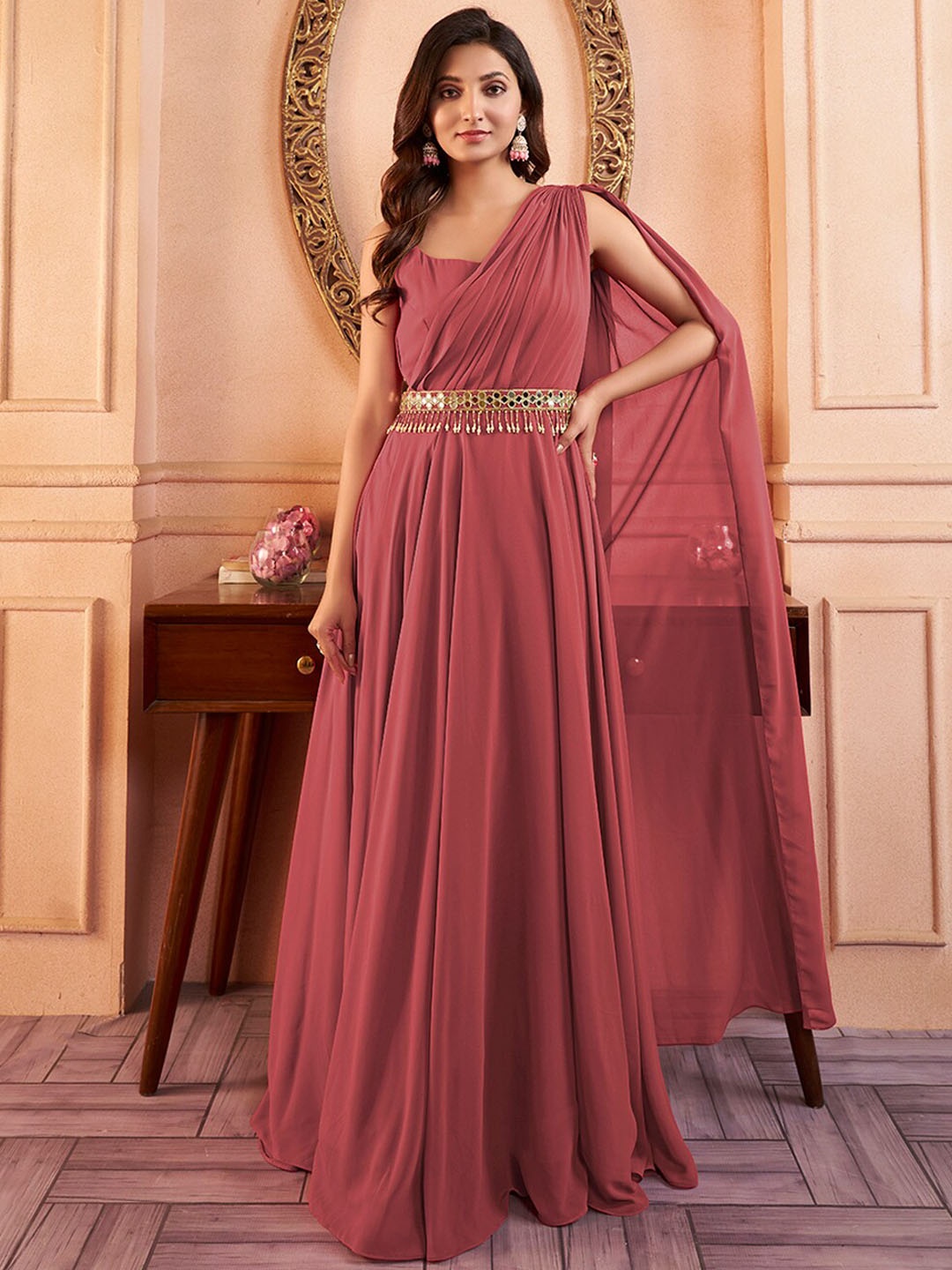 

Inddus Sleeveless Maxi Ethnic Dress With Embellished Belt, Peach
