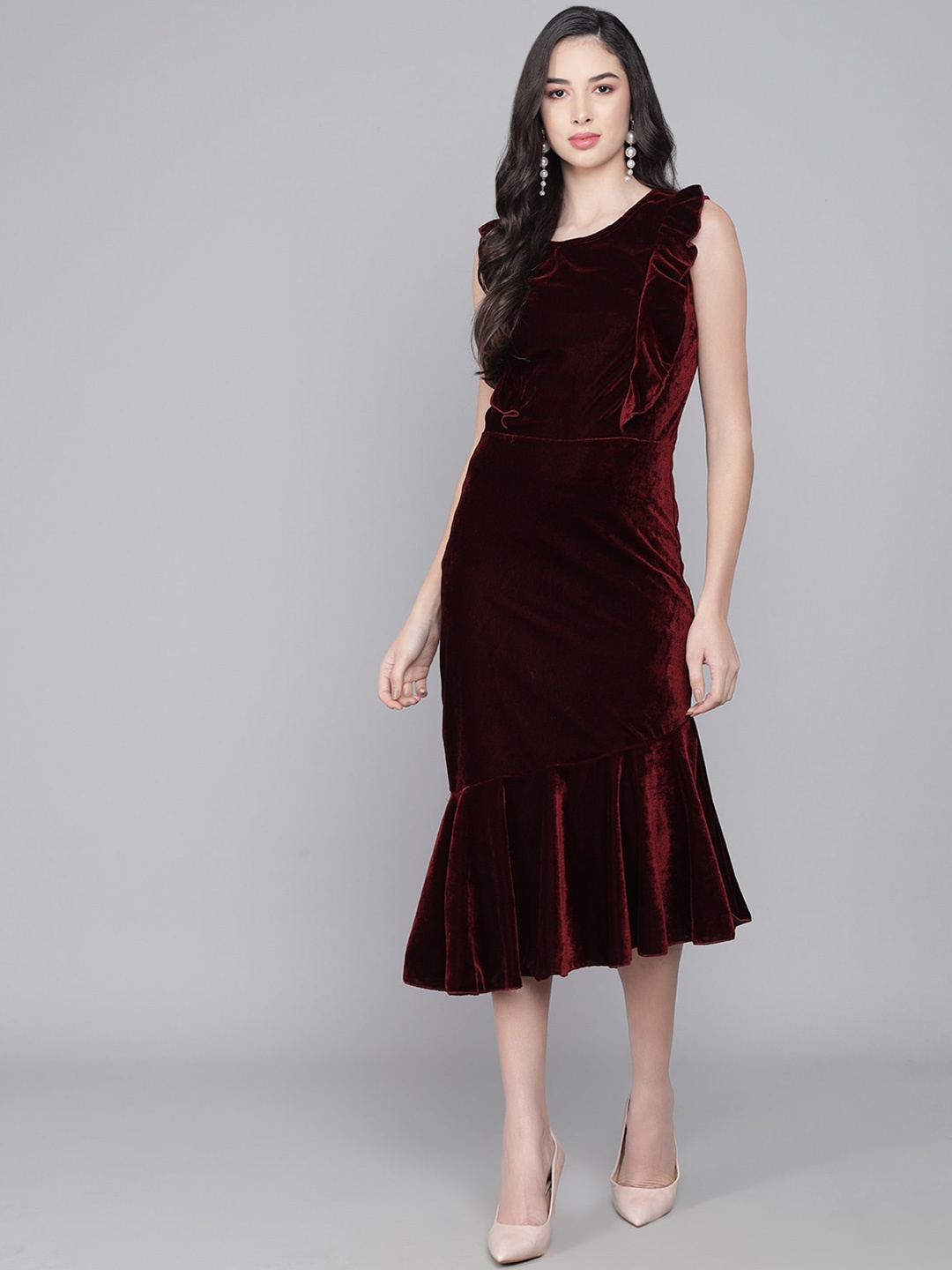 

VAARARO Round Neck Gathered Ruffles Velvet Sheath Midi Dress, Maroon