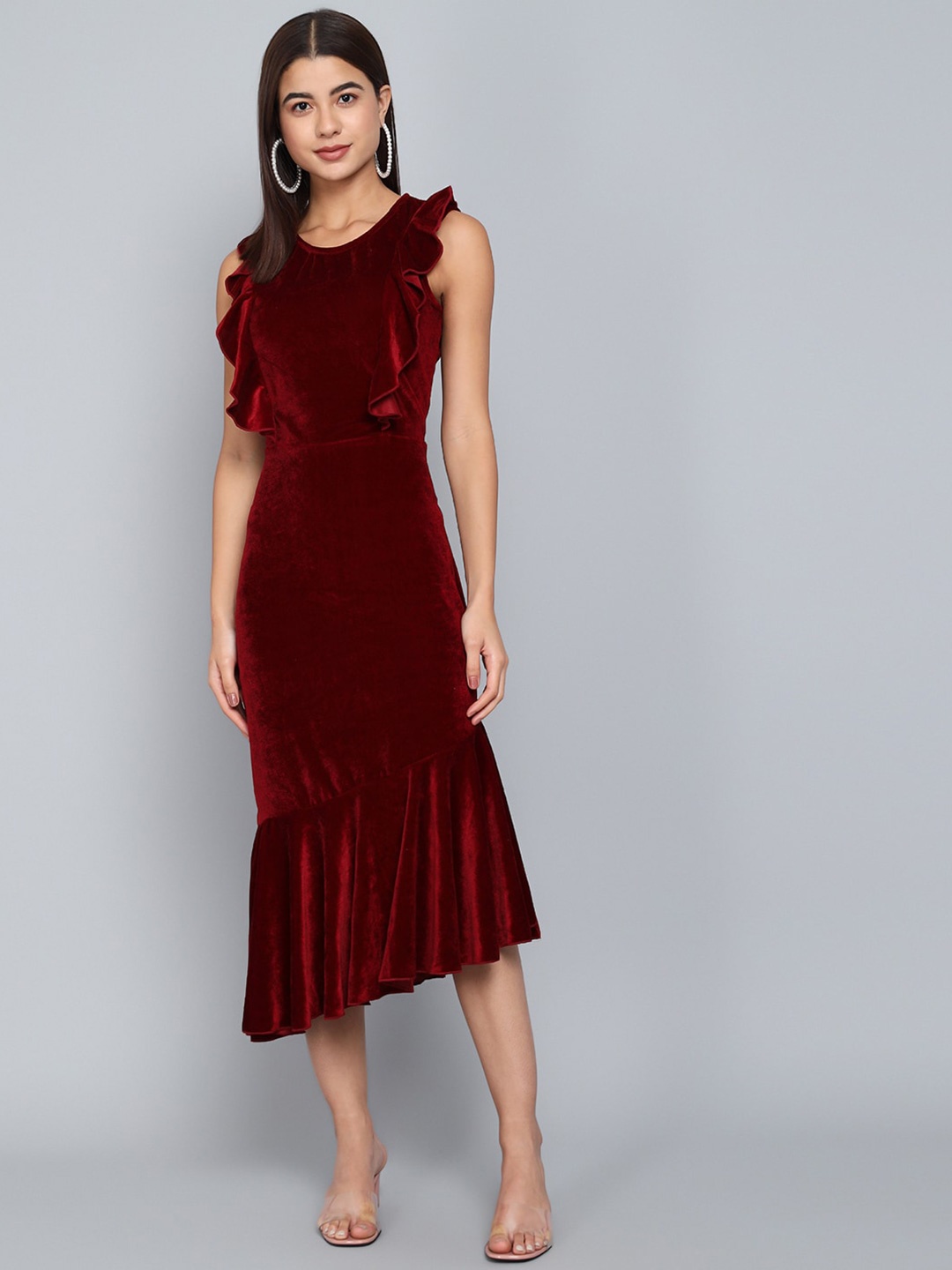 

VAARARO Round Neck Gathered Ruffles Velvet Sheath Midi Dress, Maroon