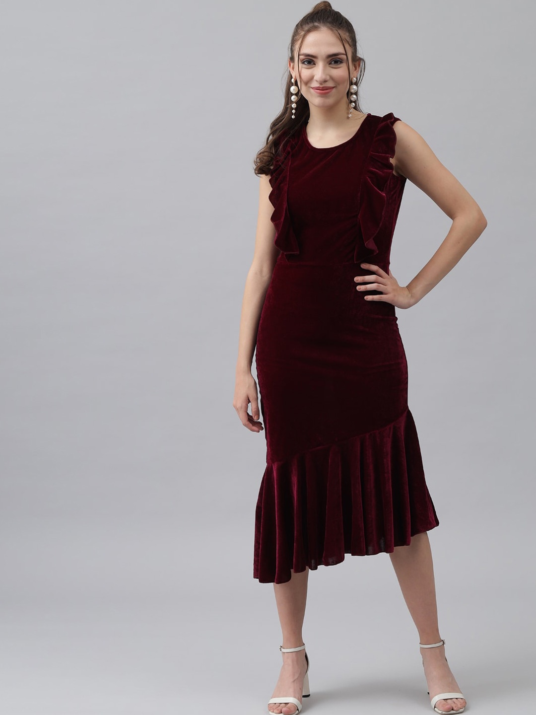 

VAARARO Round Neck Gathered Ruffles Velvet Sheath Midi Dress, Maroon