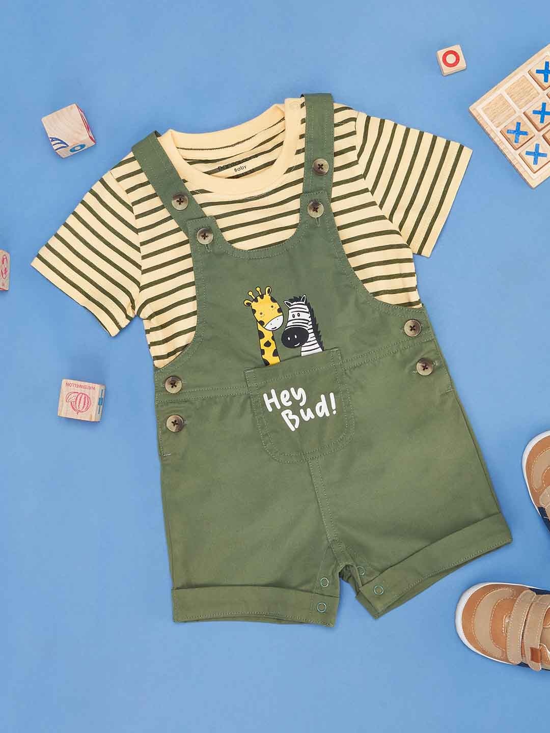 

Pantaloons Baby Infant Boys Graphic Printed Pure Cotton Dungaree With T-Shirt, Olive