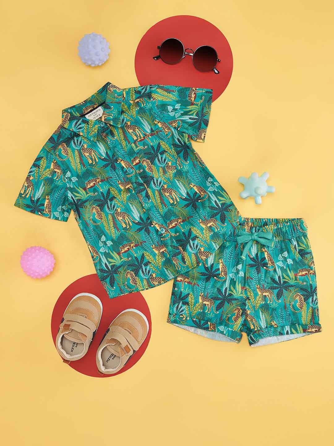

Pantaloons Baby Infants Boys Printed Pure Cotton Shirt with Shorts, Green