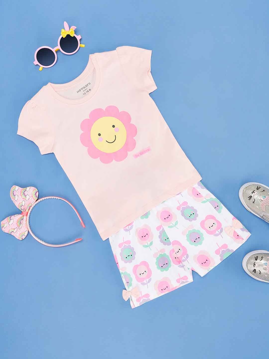 

Pantaloons Baby Infants Girls Printed Pure Cotton T-shirt with Shorts, Pink