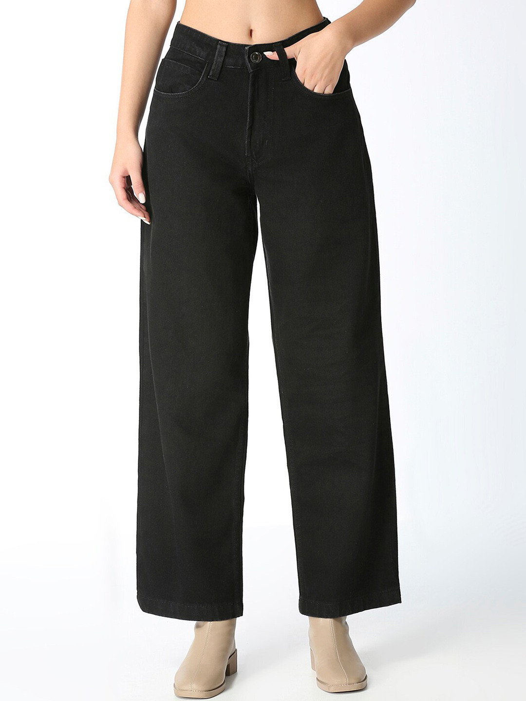 

BFIVE Women Mid-Rise Urban Relaxed Fit Pure Cotton Jeans, Black