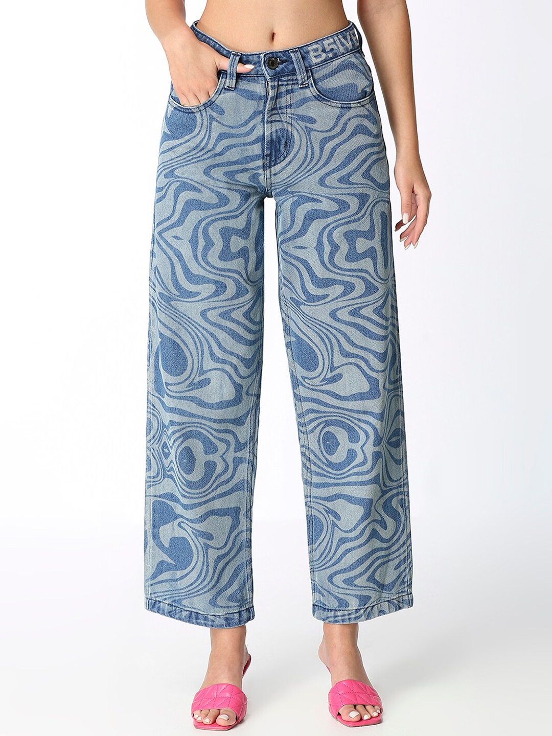 

BFIVE Women Urban Relaxed Fit Mid-Rise Heavy Fade Printed Clean Look Cotton Jeans, Blue