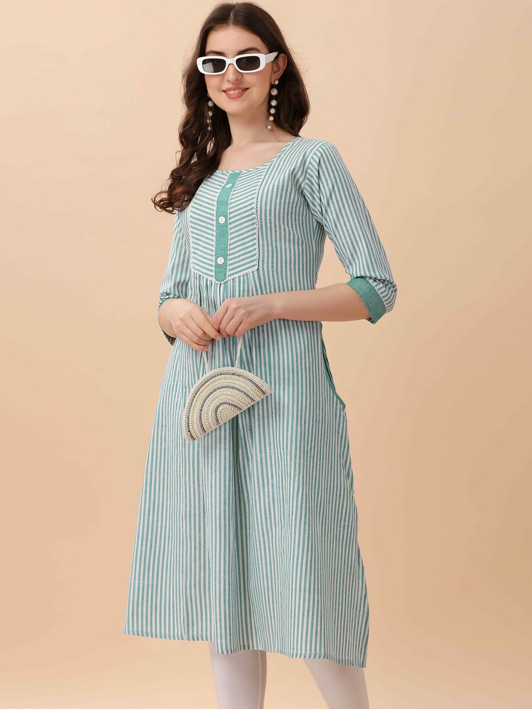 

BerryBird Striped Round Neck Flared Sleeves Gathered Pure Cotton A-Line Kurta, Green