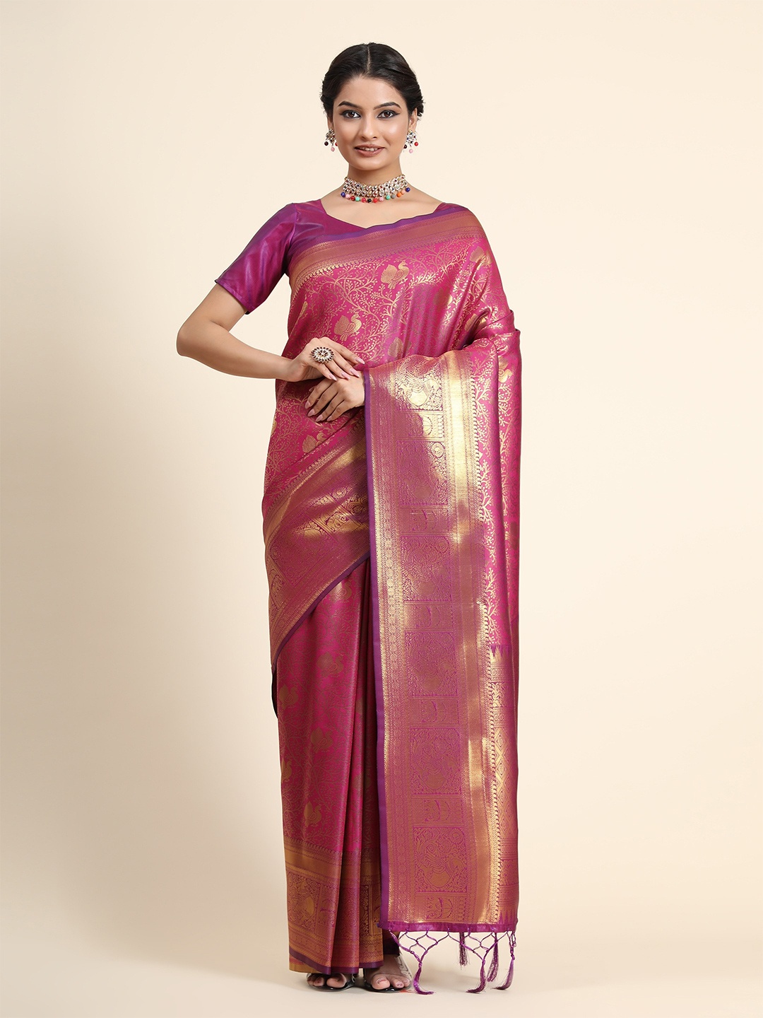 

BerryBird Ethnic Motifs Woven Design Zari Banarasi Saree, Pink