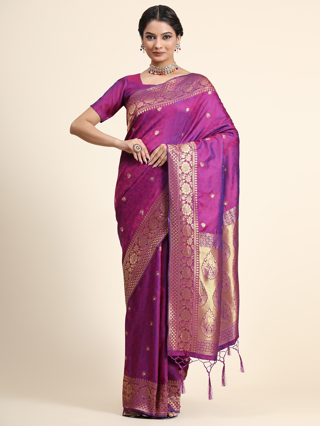 

BerryBird Ethnic Motifs Woven Design Zari Banarasi Saree, Purple