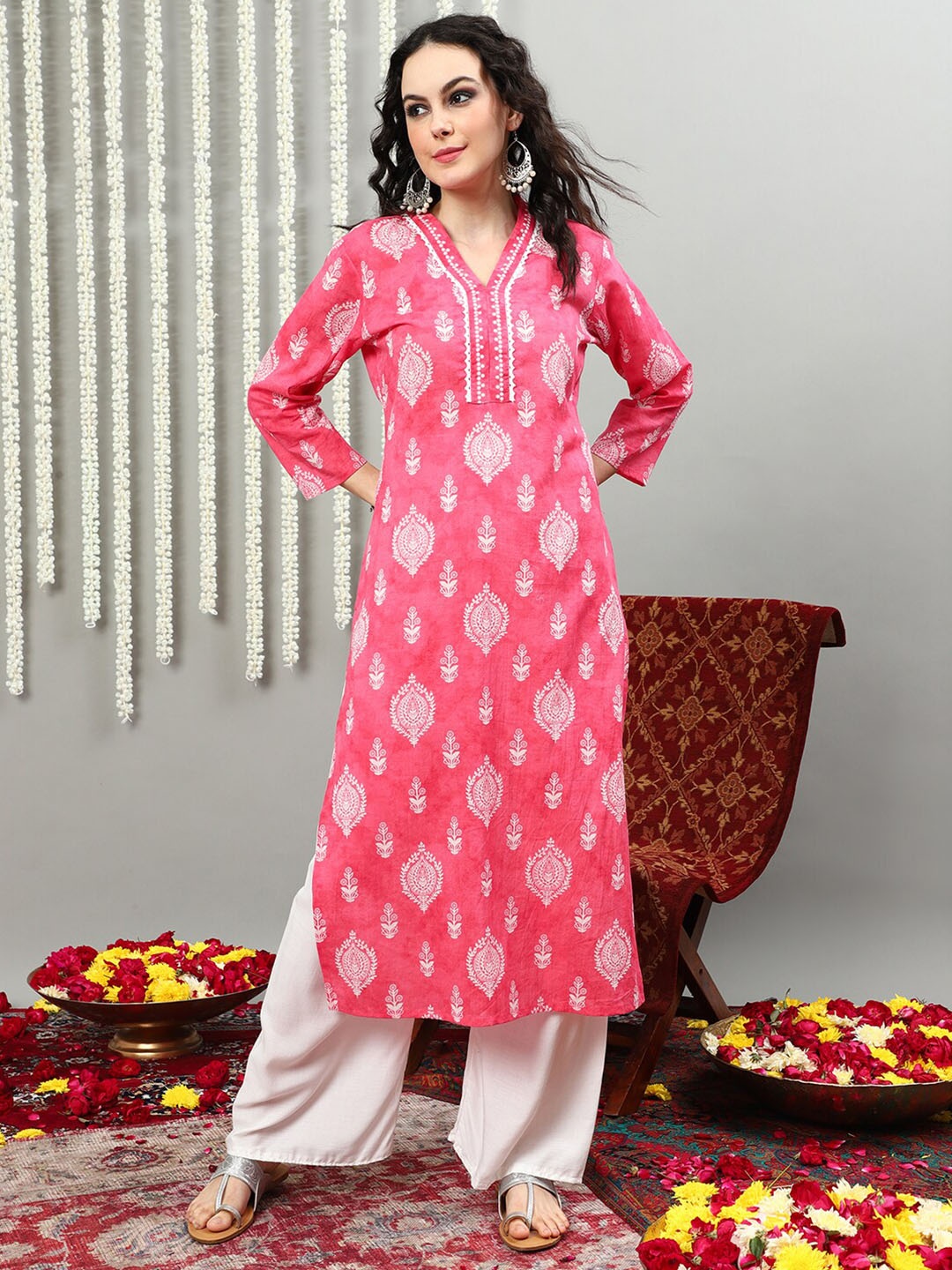 

Sangria V-Neck Three Quarter Sleeve Block-Printed Cotton A-Line Kurtas, Pink
