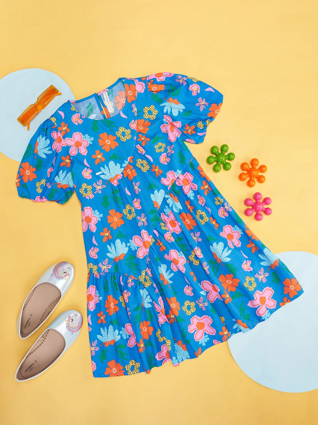 

Pantaloons Junior Girls Floral Print Round Neck A-Line Pure Cotton Dress, Blue