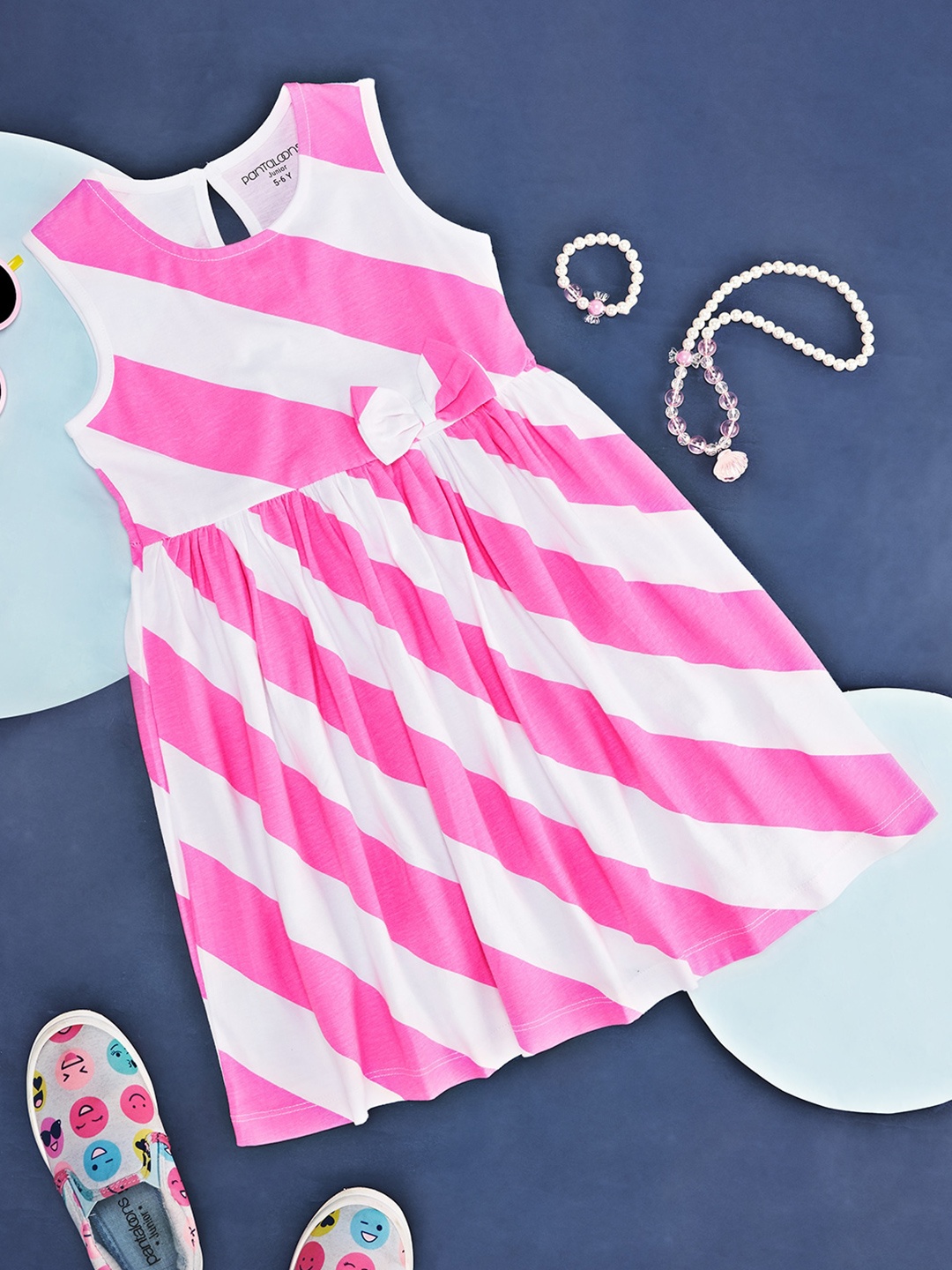 

Pantaloons Junior Girls Striped Sleeveless Peplum Pure Cotton Dress, Pink