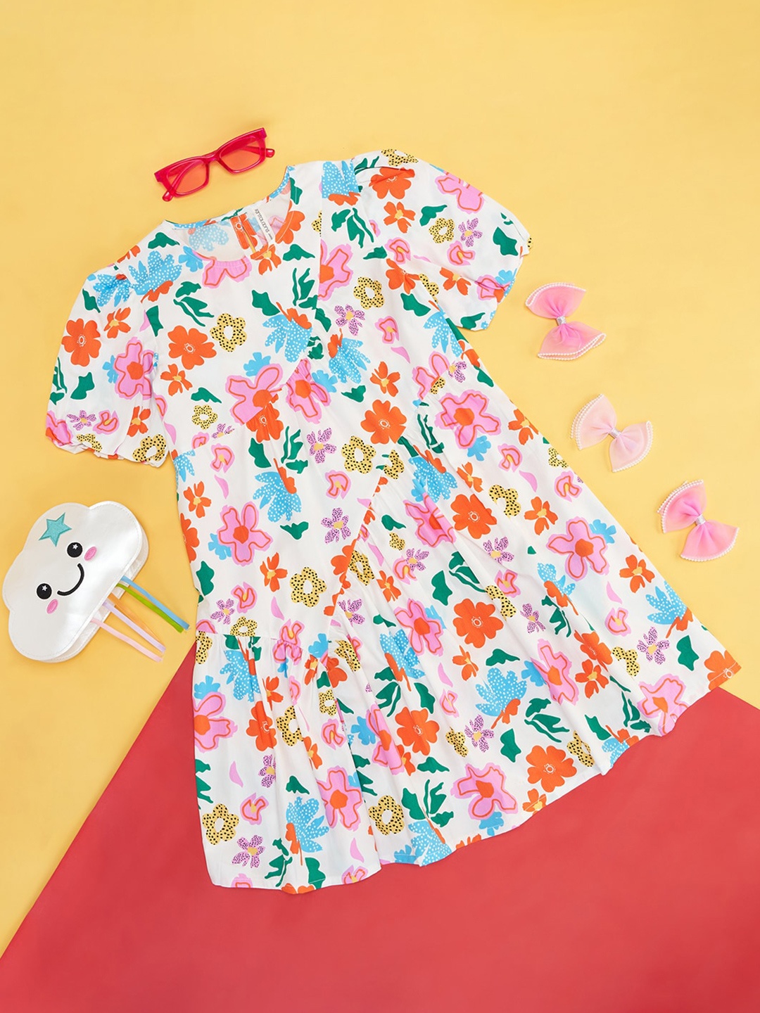 

Pantaloons Junior Girls Floral Printed Round Neck A-Line Pure Cotton Dress, White
