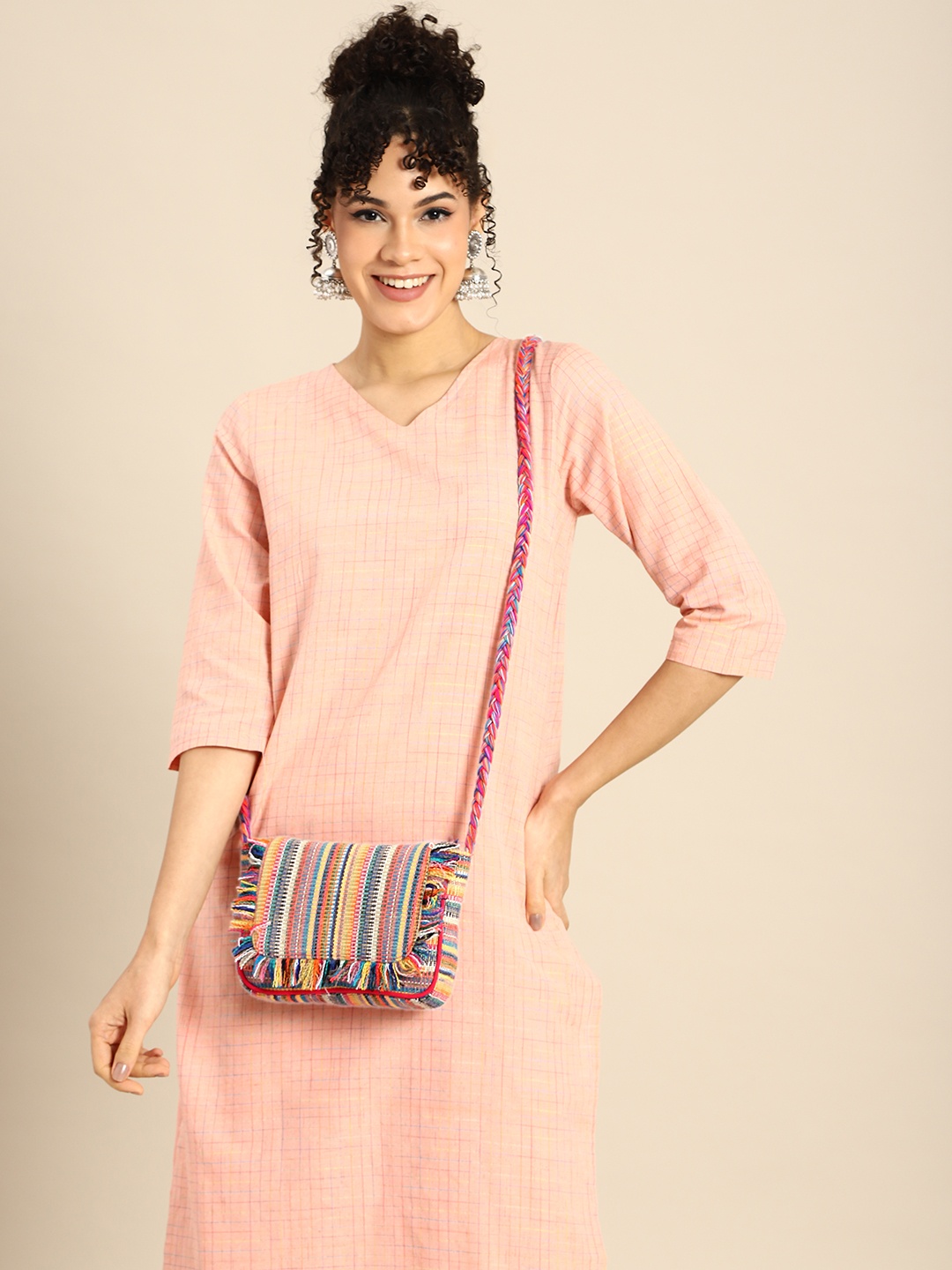 

Sangria Striped Structured Cotton Sling Bag, Multi