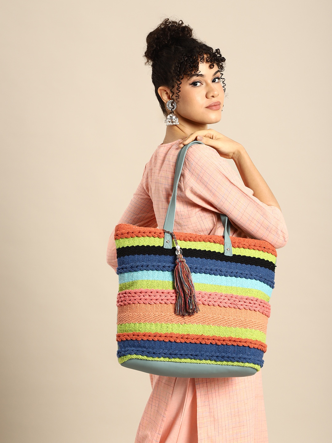 

Sangria Striped Oversized Shopper Shoulder Bag with Tasselled, Multi