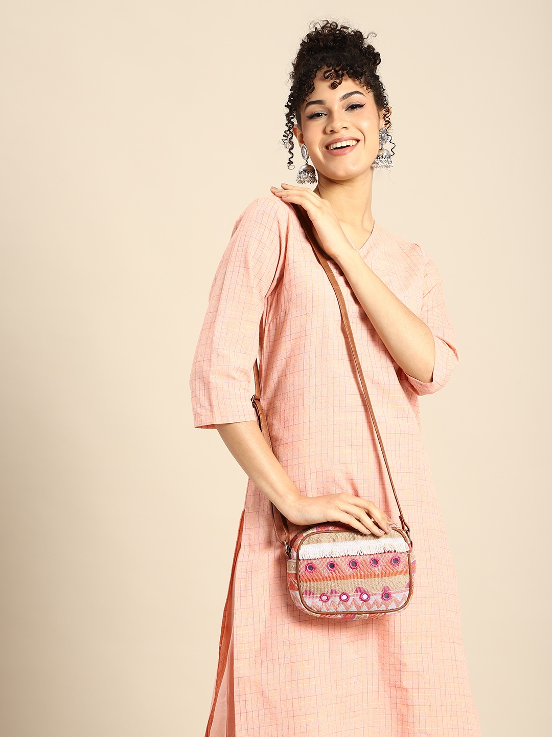 

Sangria Geometric Printed Structured Shoulder Bag, Coral