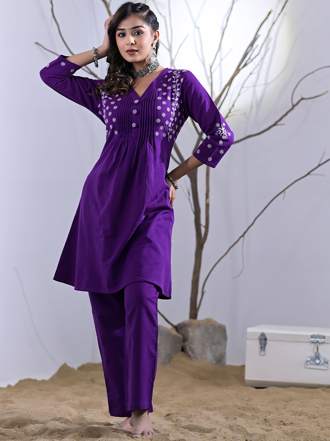 

Advya Embroidered Pure Cotton A-Line Co-ord set, Purple