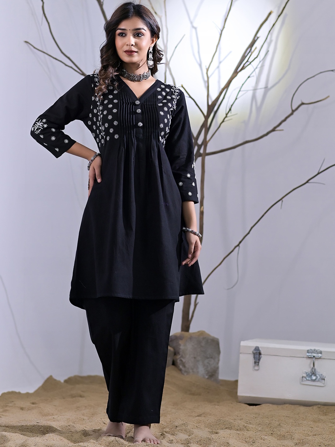 

Advya Embroidered Pure Cotton A-Line Co-ord set, Black