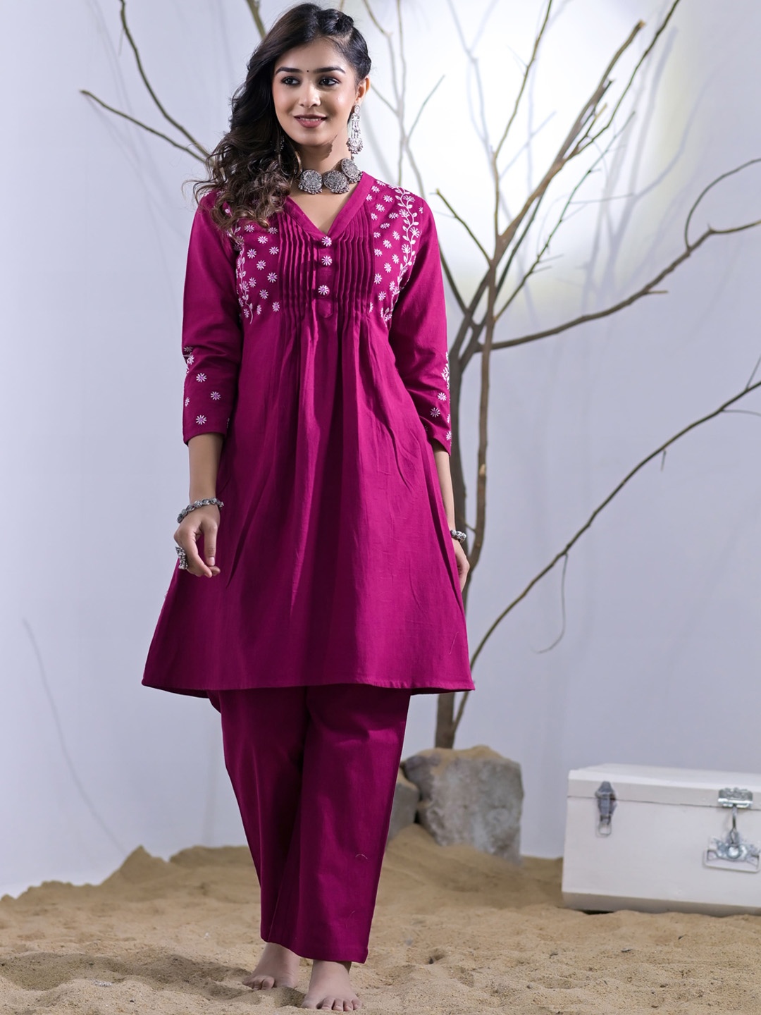 

Advya Embroidered Pure Cotton A-Line Kurta with Trousers, Magenta