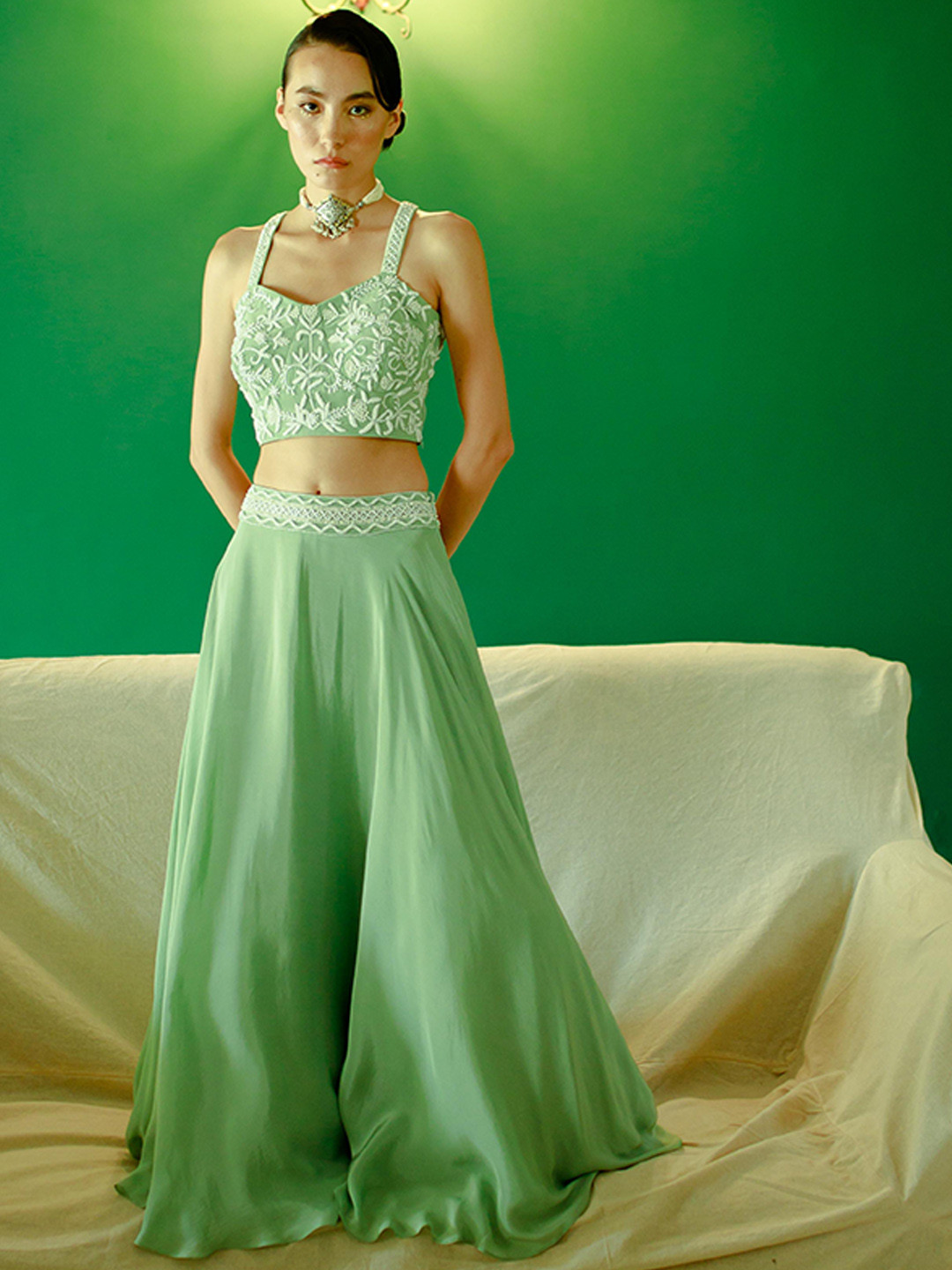 

Pavone by Akanksha Chopra Embroidered Shoulder Straps Crop Top With Skirt, Green