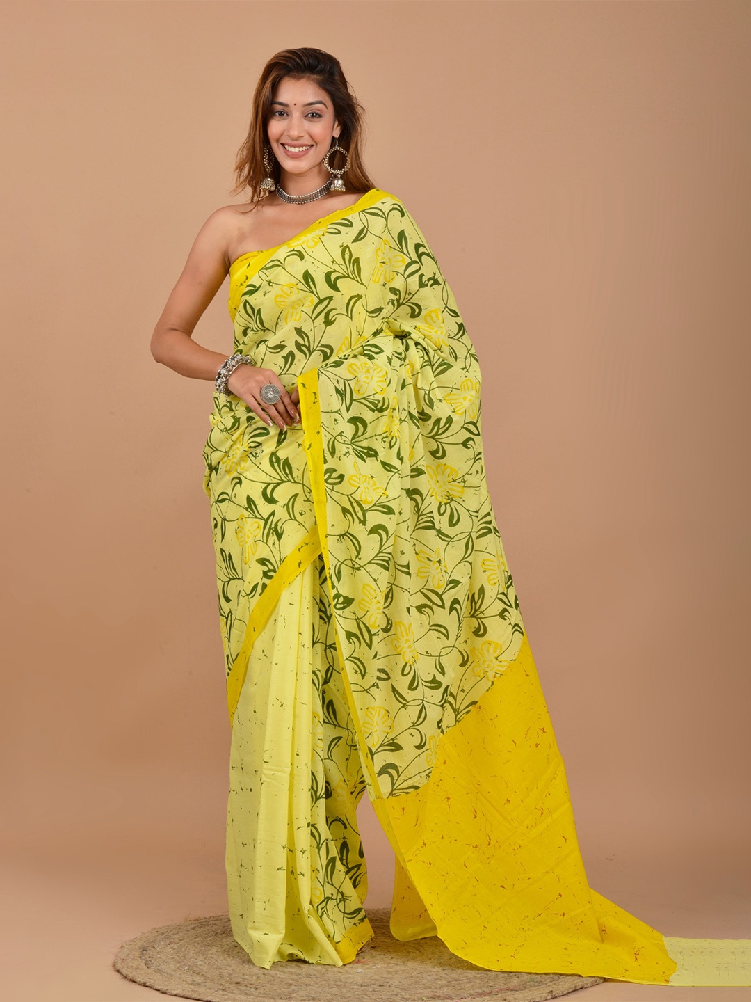 

JALTHER Ethnic Motifs Pure Cotton Block Print Saree, Yellow