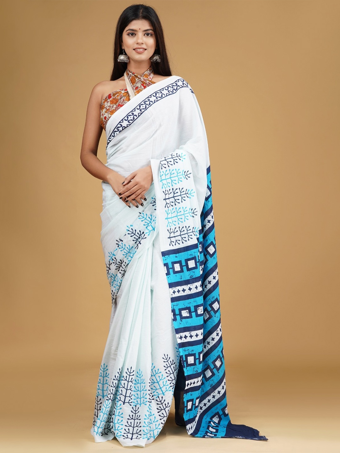 

JALTHER Ethnic Motifs Pure Cotton Block Print Saree, White