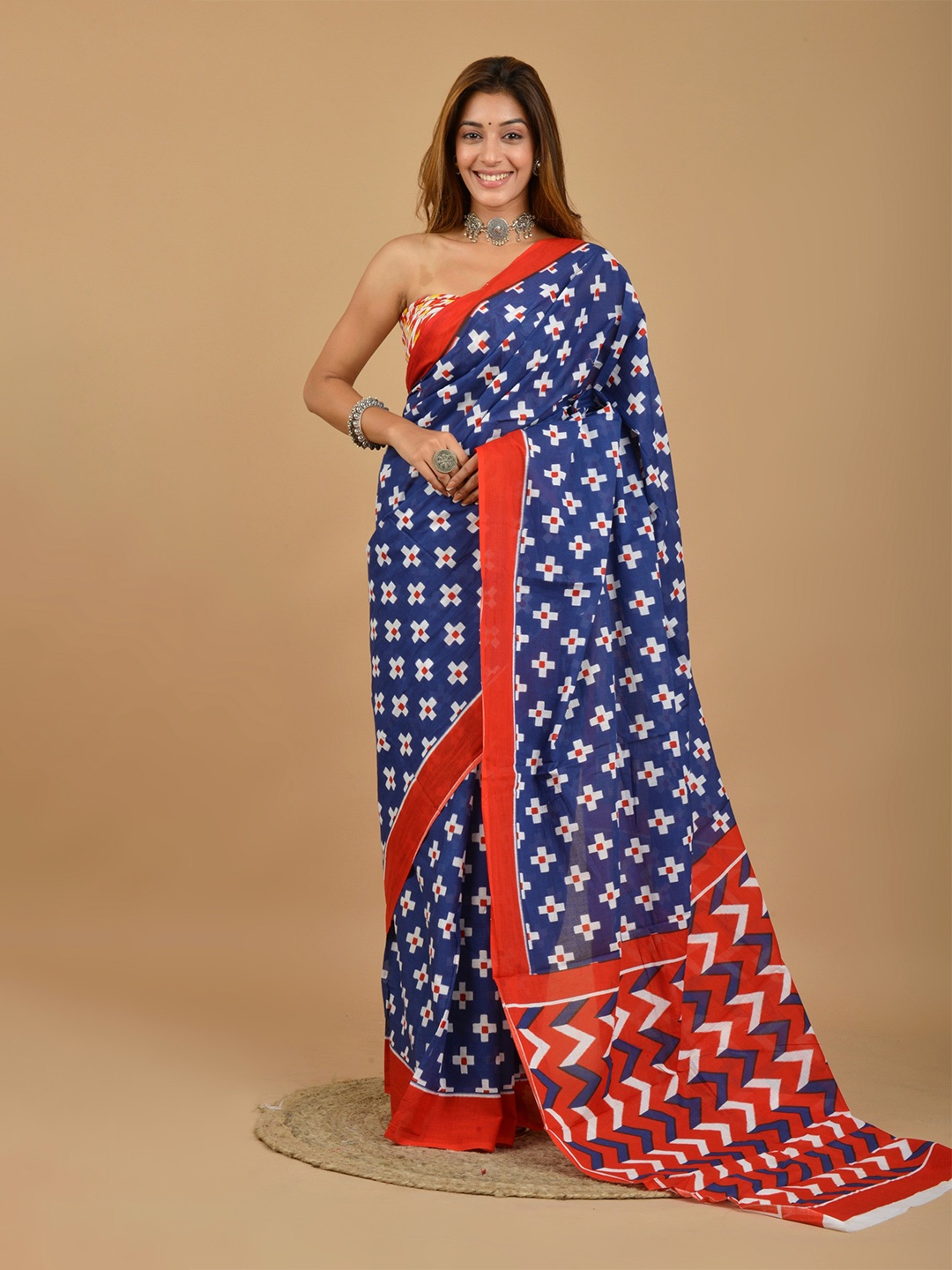 

JALTHER Printed Pure Cotton Block Print Saree, Blue
