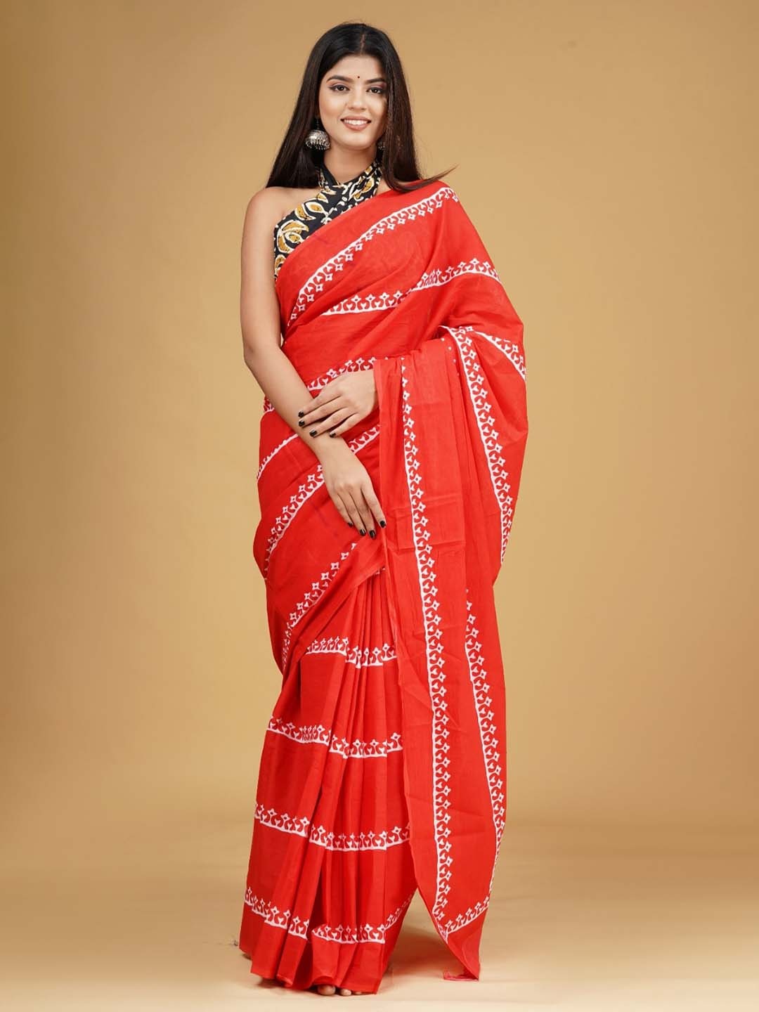 

JALTHER Ethnic Motifs Printed Pure Cotton Block Print Saree, Red