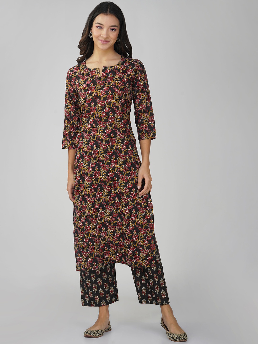 

SPARSA Floral Printed Regular Pure Cotton Kurta with Trousers, Black