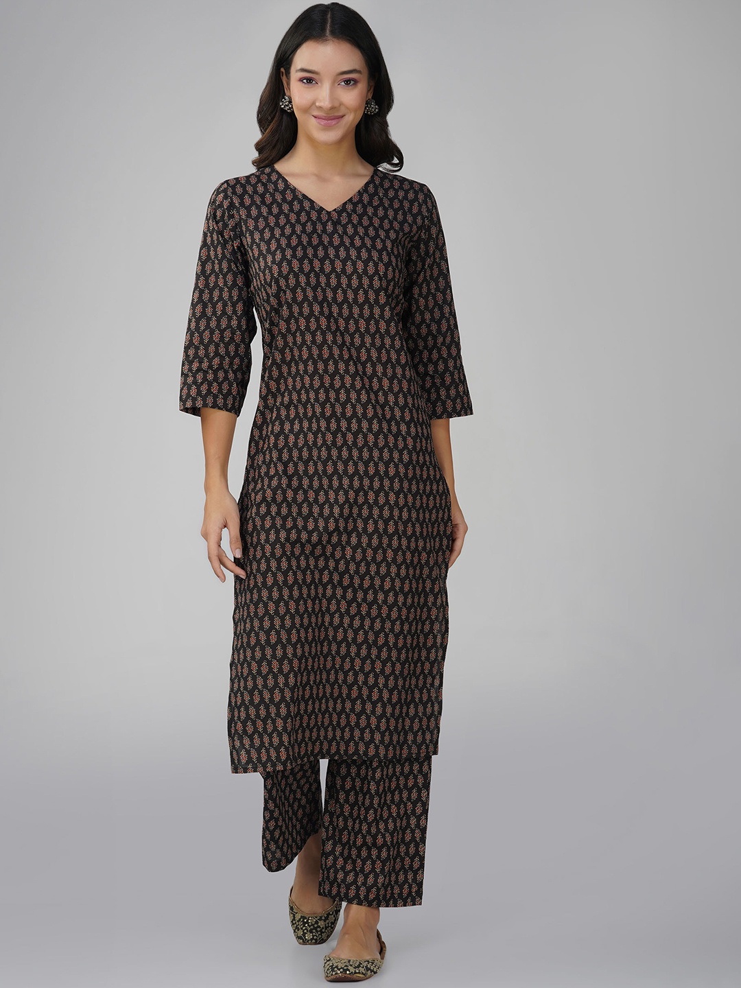 

SPARSA Ethnic Motifs Printed Pure Cotton Straight Kurta With Palazzo, Black