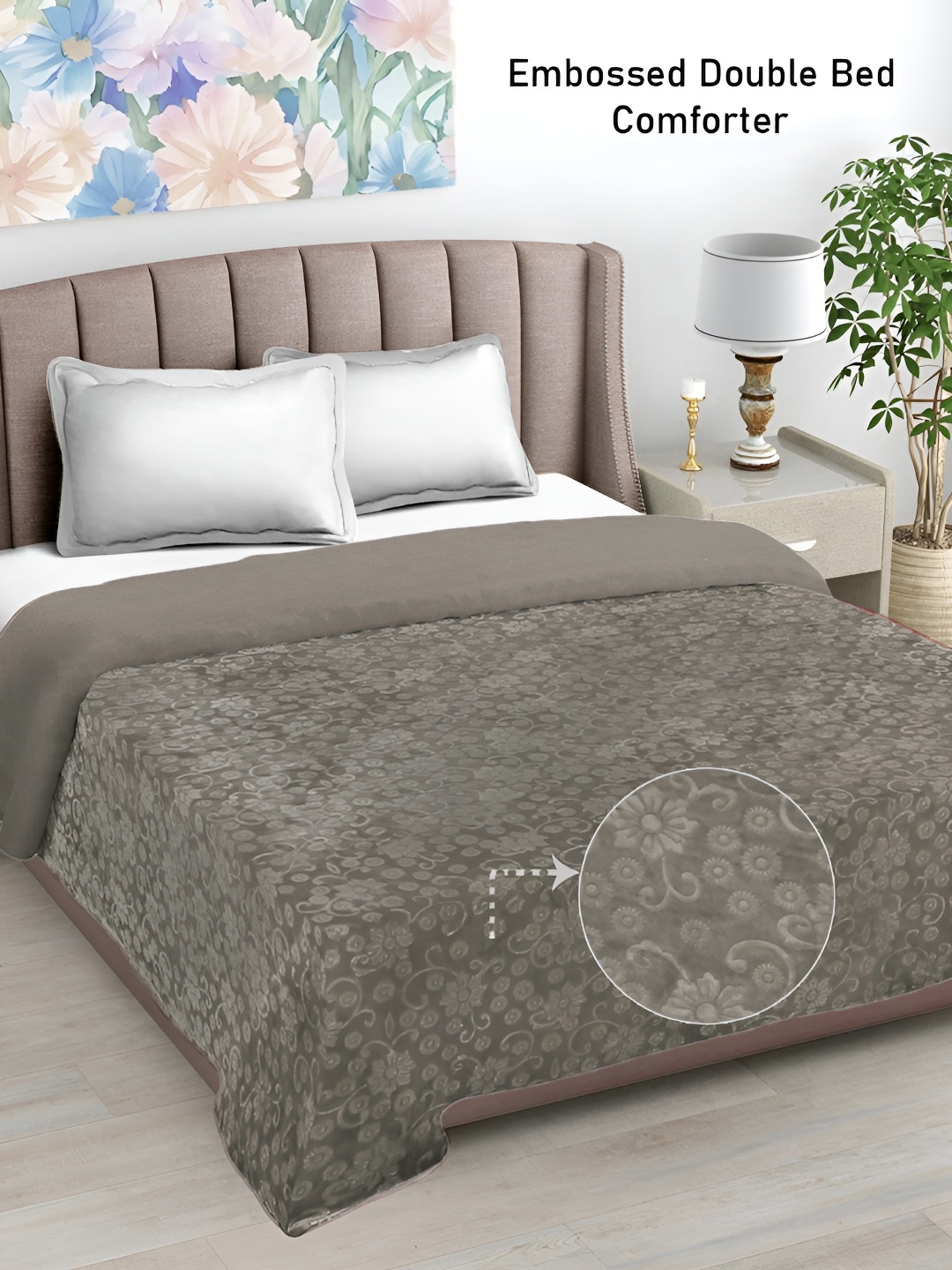 

FABINALIV Mouse Floral Mild Winter 500 GSM Embossed Woollen Double Bed Comforter, Taupe