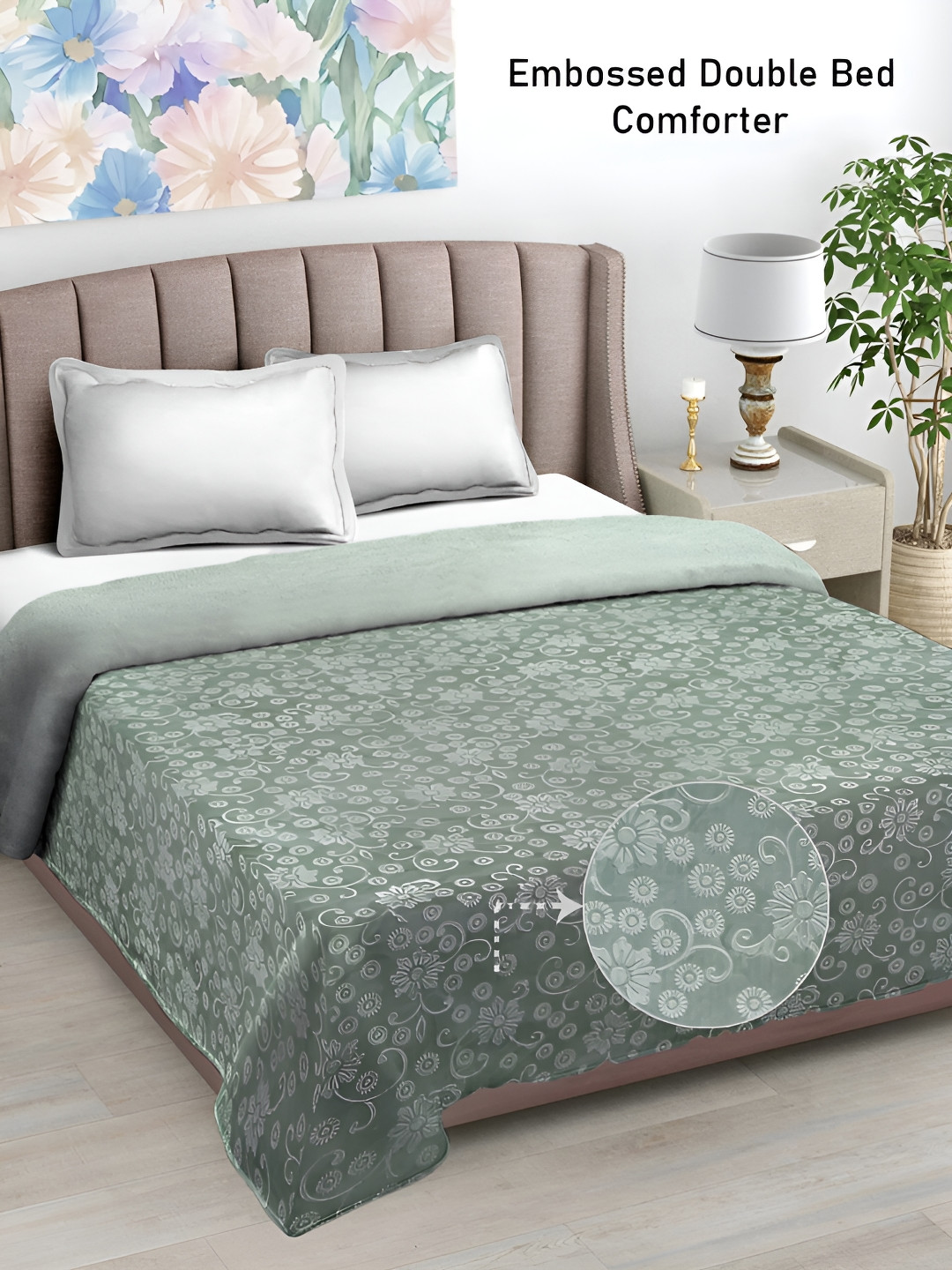 

FABINALIV Light Green Floral Mild Winter 500 GSM Embossed Woollen Double Bed Comforter