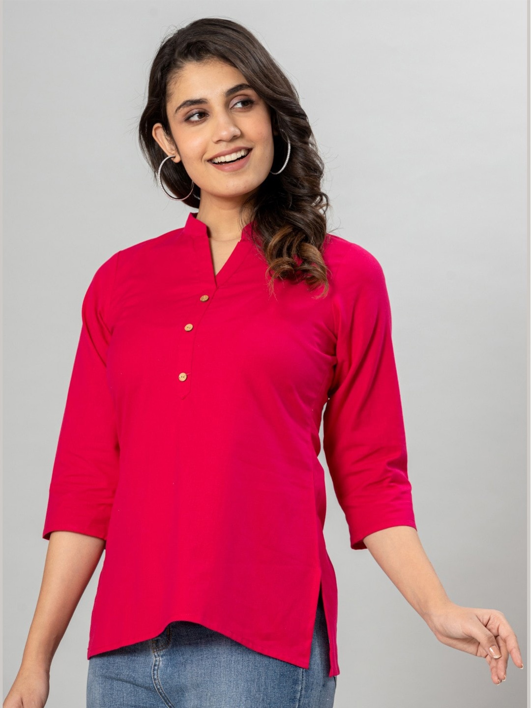

VEDANA Mandarin Collar Cotton Shirt Style Top, Pink