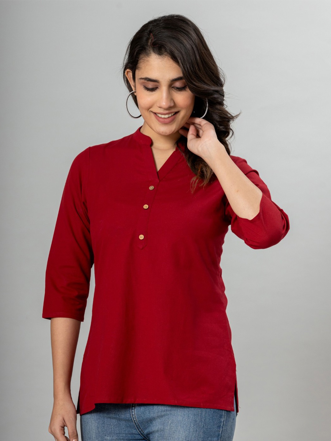 

VEDANA Mandarin Collar Cotton Shirt Style Top, Maroon