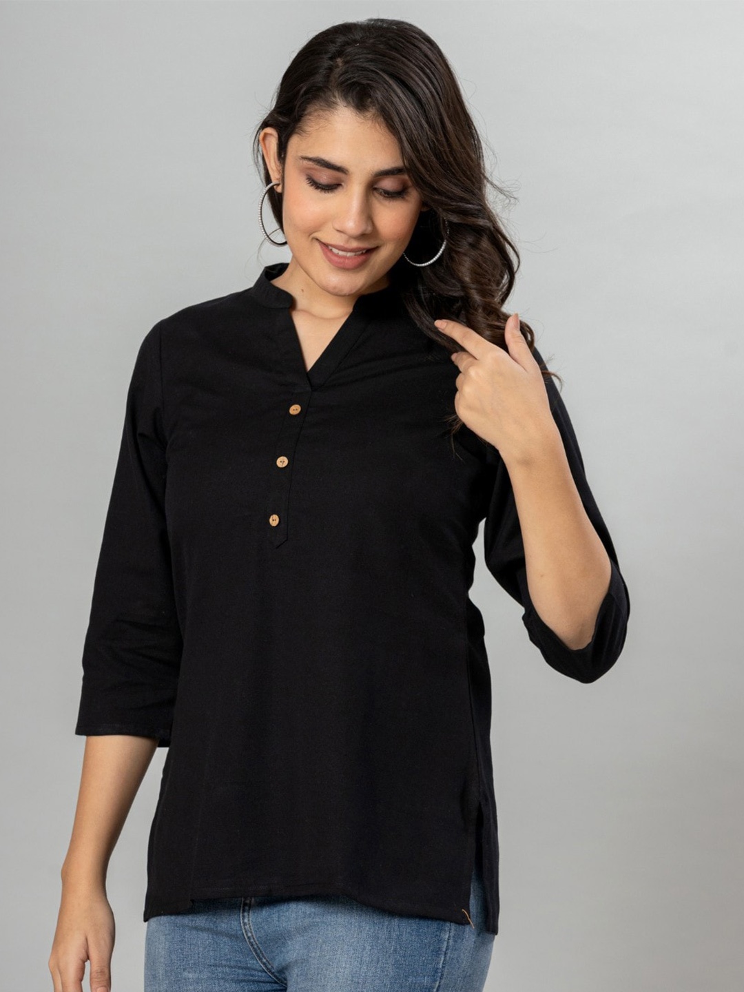 

VEDANA Mandarin Collar Cotton Shirt Style Top, Black