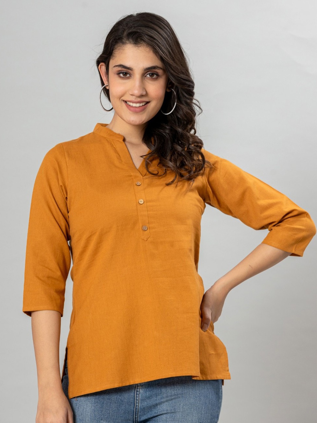 

VEDANA Mandarin Collar Cotton Shirt Style Top, Mustard