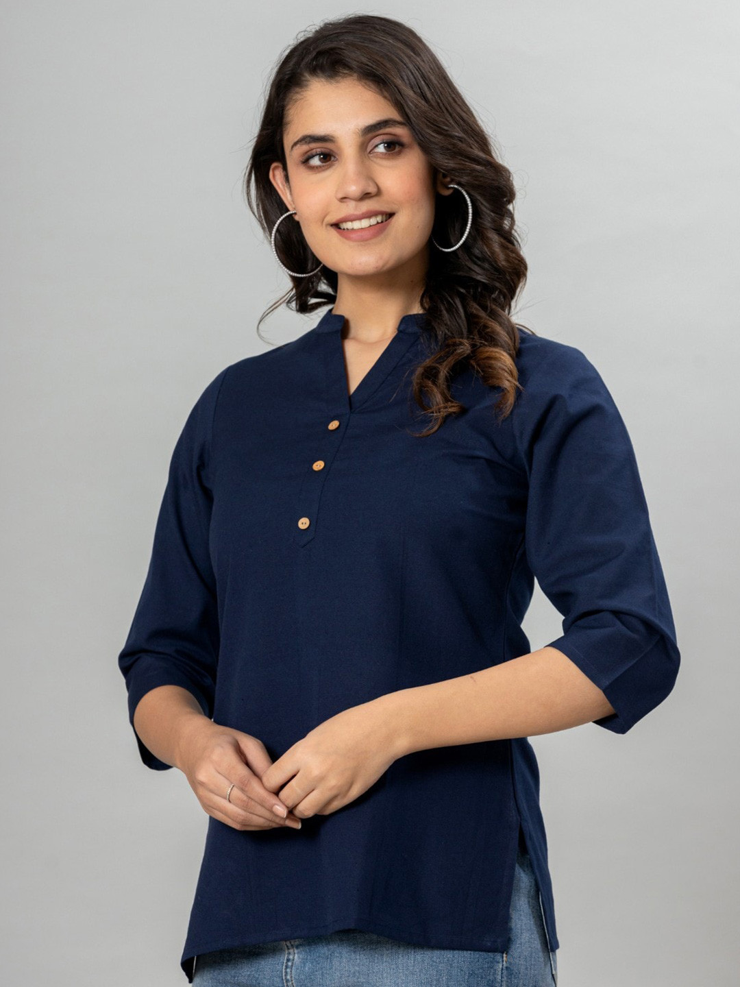 

VEDANA Mandarin Collar Cotton Shirt Style Top, Navy blue