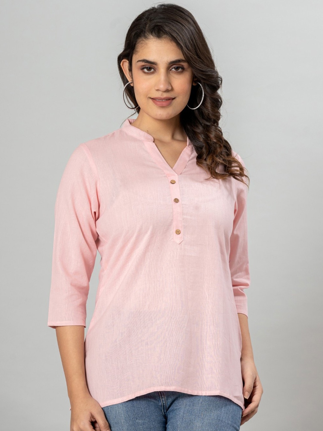 

VEDANA Mandarin Collar Cotton Shirt Style Top, Pink