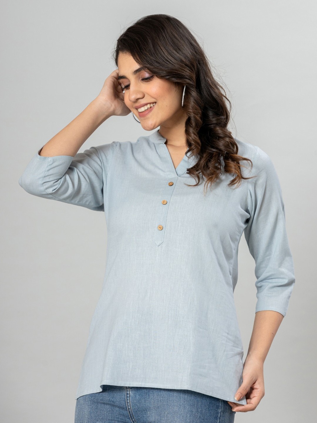

VEDANA Mandarin Collar Cotton Shirt Style Top, Turquoise blue