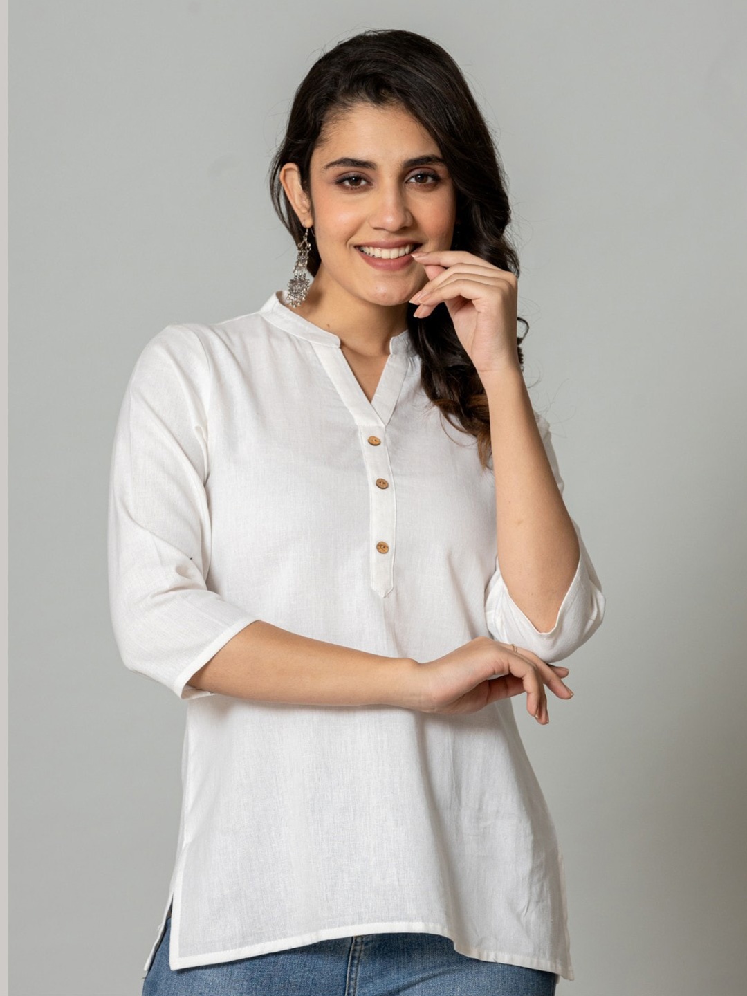 

VEDANA Mandarin Collar Cotton Shirt Style Top, White