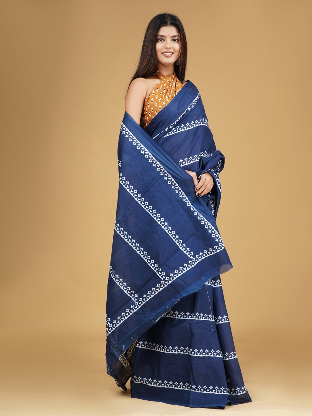 

KIAARON Ethnic Motifs Printed Pure Cotton Block Print Saree, Blue