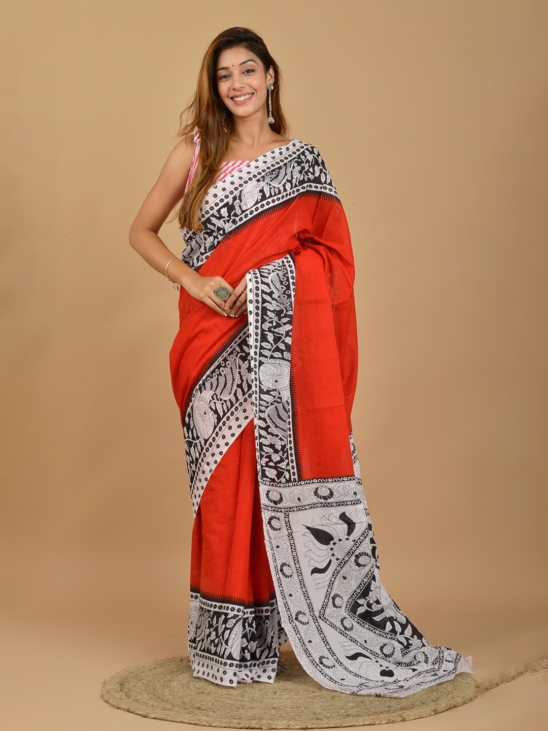 

KIAARON Ethnic Motifs Pure Cotton Block Print Saree, Red