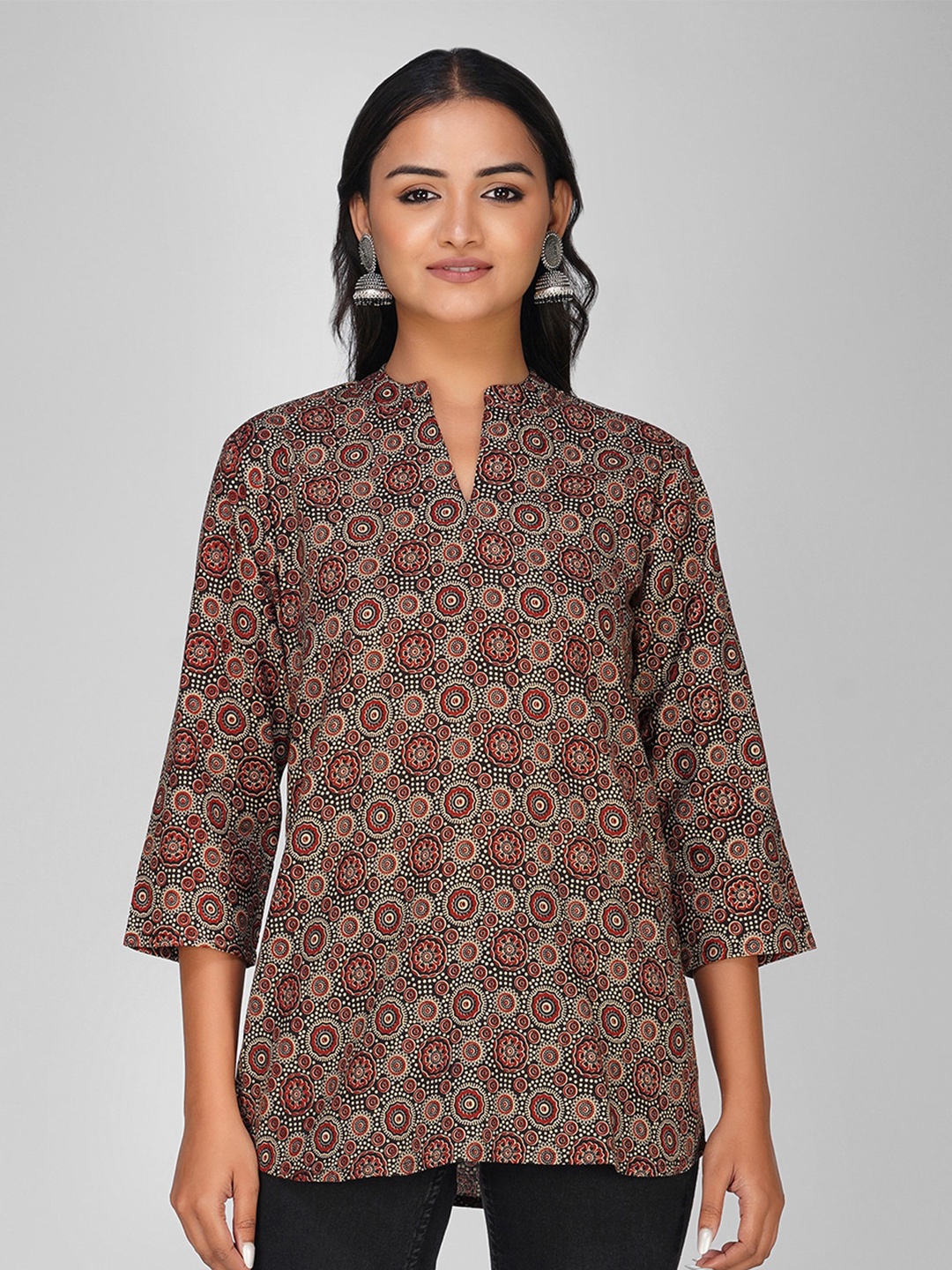 

SPARSA Print Mandarin Collar Pure Cotton Top, Brown