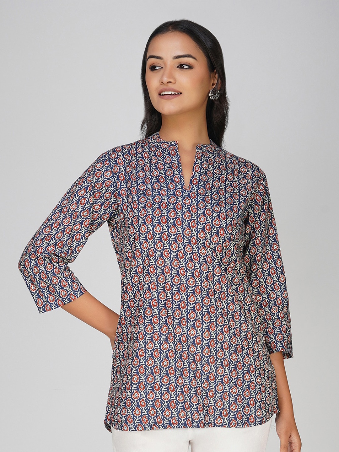 

SPARSA Ethnic Motifs Print Mandarin Collar Pure Cotton Top, Blue