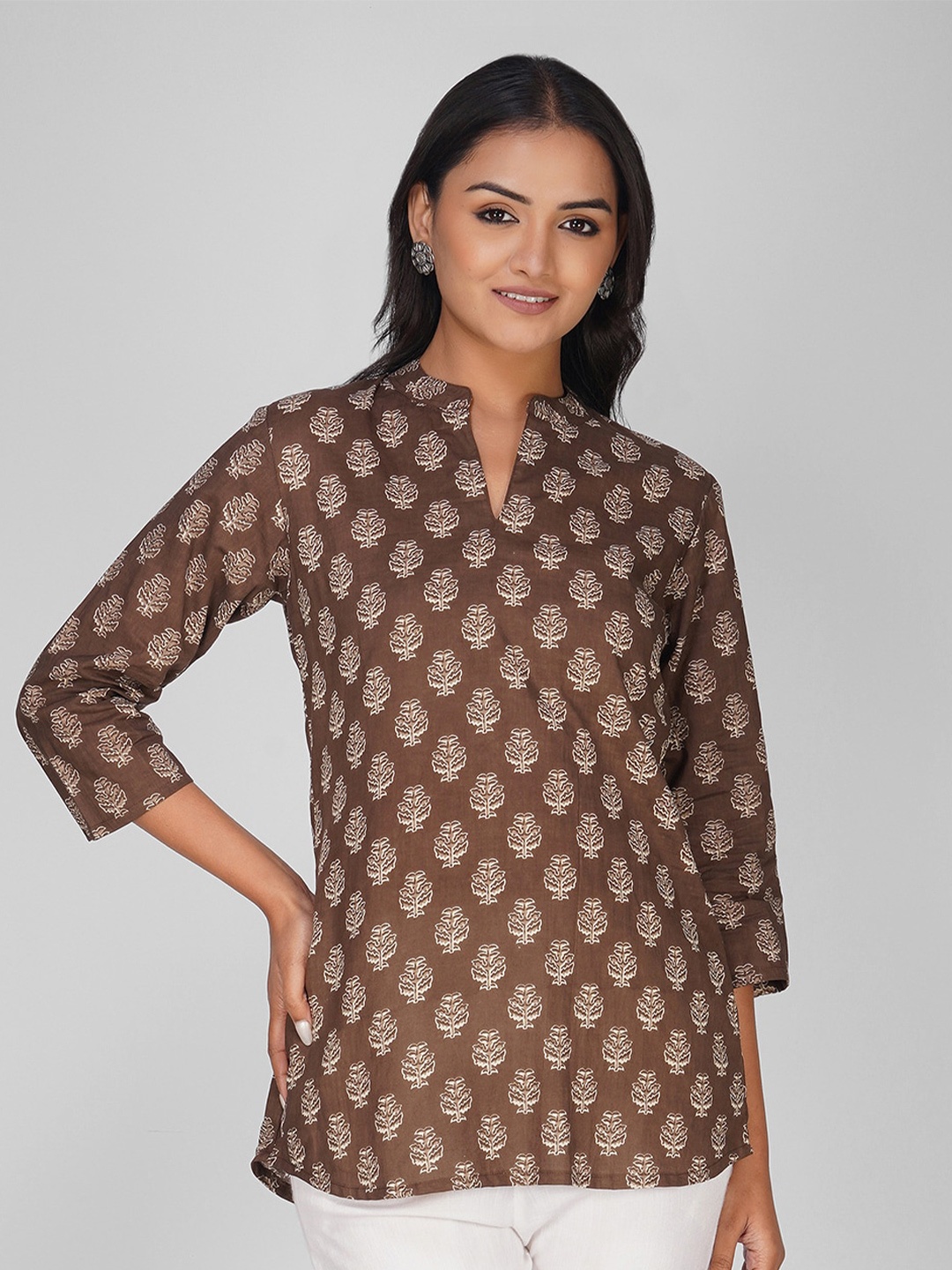 

SPARSA Print Mandarin Collar Cotton Top, Brown